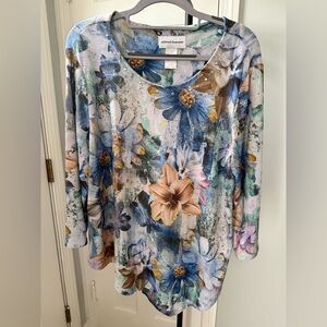 Alfred Dunner Floral Scoop Neck Top in Blue, Cream & Tan